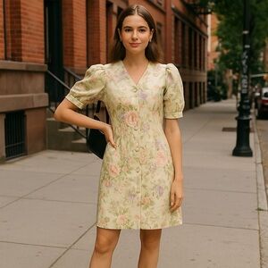 vintage caroline wells floral pearl puff sleeves dress y2k august sale